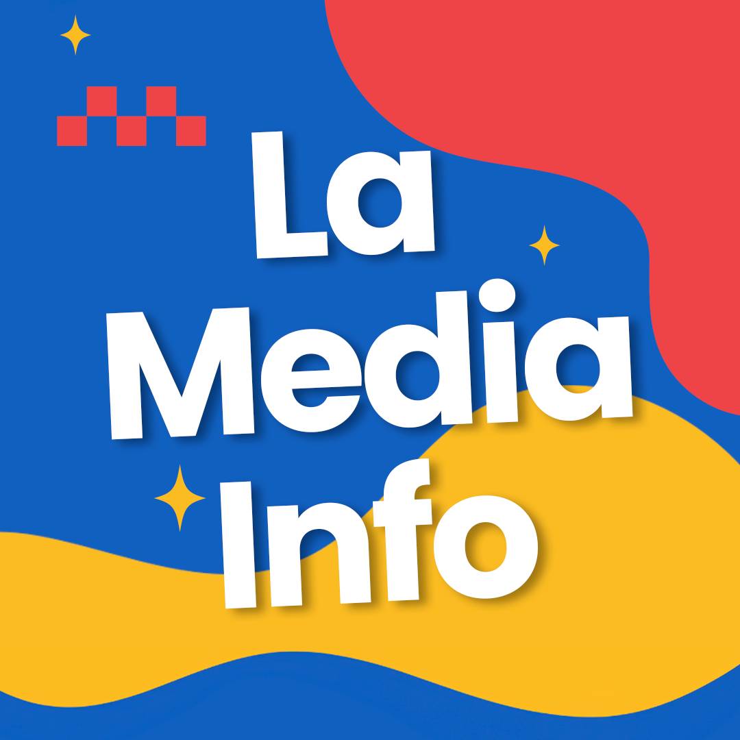 Imagen con fondo en colores azul, rojo y amarillo, que presenta el texto "La Media Info" en letras blancas y grandes, acompañada de pequeños detalles decorativos en forma de estrellas.