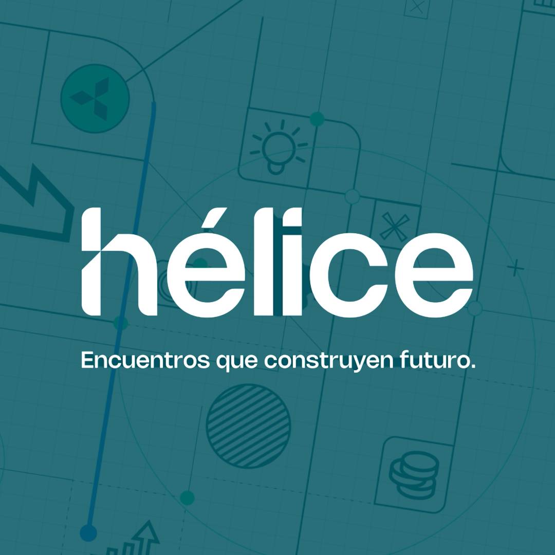 La imagen muestra el logo de "hélice" junto con la frase "Encuentros que construyen futuro" sobre un fondo con gráficos y símbolos relacionados con innovación y tecnología.