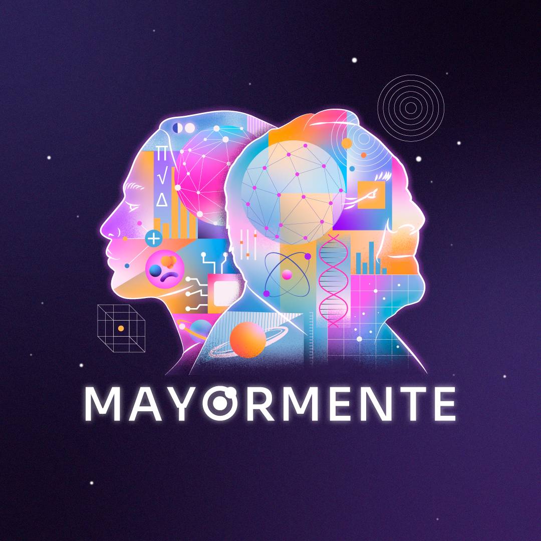 Una ilustración futurista que muestra los perfiles de dos rostros humanos hechos con elementos tecnológicos y científicos de colores neón, con el texto "MAYÓRMENTE" debajo.